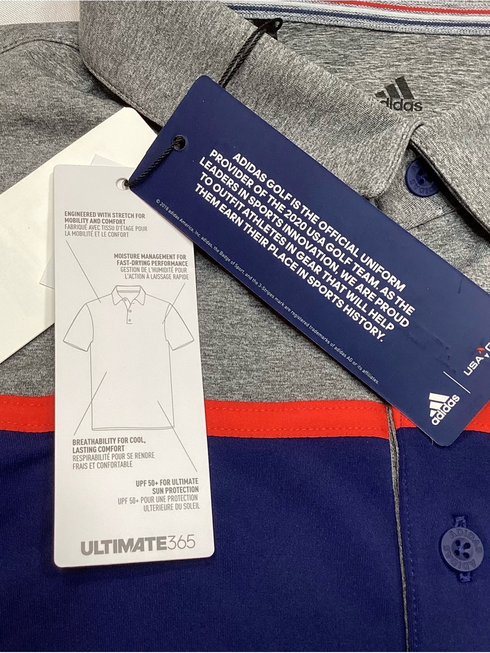 adidas Golf USA Olympic Polo Shirt Men’s XL NWT Blue Gray Colorblock UPF 50 NEW - Picture 4 of 13